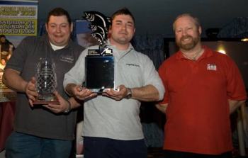 (Left To Right) Danny Moeskops (current World Tournament Casting Champion), Dave Richardson (Overall Winner) and Barney Wright (Total Sea Fishing magazine)